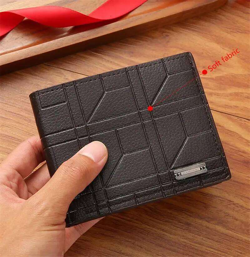 New Brand Men'S Short Youth Fashion Plaid Horizontal Soft Leather Large Capacity Multi Card Wallet