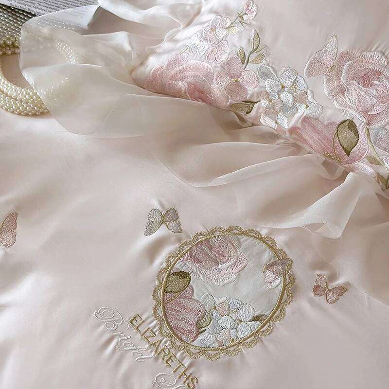 4Pcs Vintage French Lace Ruffles Flower Embroidery Lyocell Cotton Bedding Duvet Coves Set Bed Fitted Sheet Pillowcases H260312