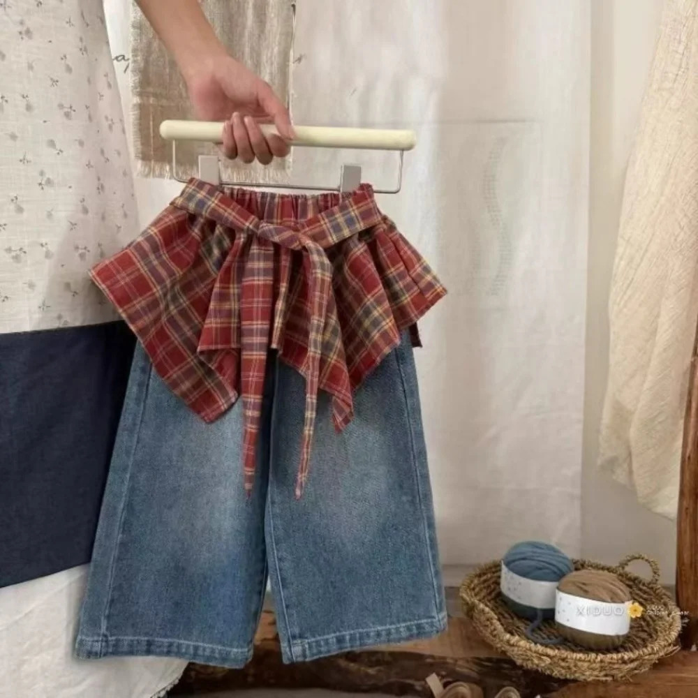 Girls Pants Stylish Little Girl Super Goodlooking Retro Red Checkered Lace Up Fart Curtain Denim Skirt 260311