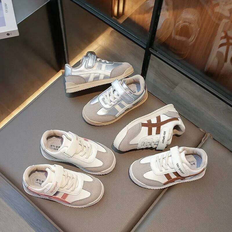 Children Sports Color Block Sewing Thread Hook Loop Round Toe Soft Soled Thick Flat Shoes Breathable Comfortable Non Slip H260312