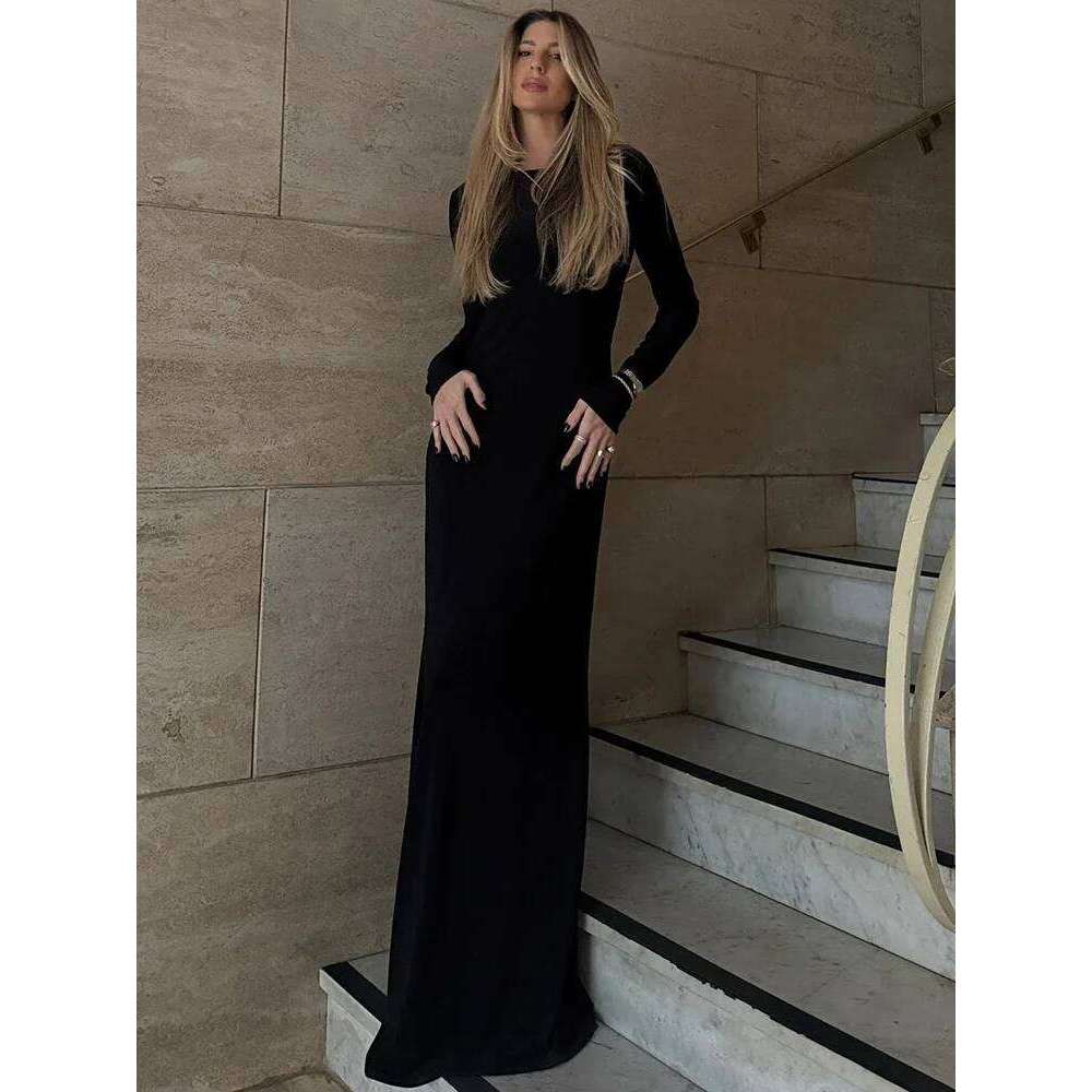 Backless Sleeve Sexy Maxi Women Gown Autumn Winter New High Waist Pleated Club Party Long Dress Elegant C260311