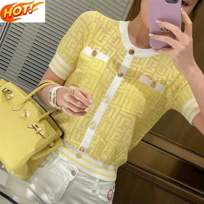Korean Style Fashion Chic Slim O-neck Knit Tops Summer Women Short Sleeve Hollow Out Chic Geometric Jacquard Thin Pullovers906T260312