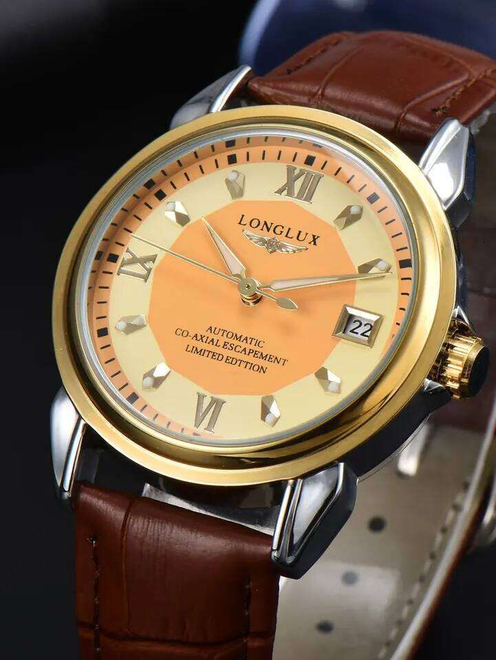 LONGLUX automatic man business leisure dating mechanical wristwatches day date waterproof leather mens watch men gift