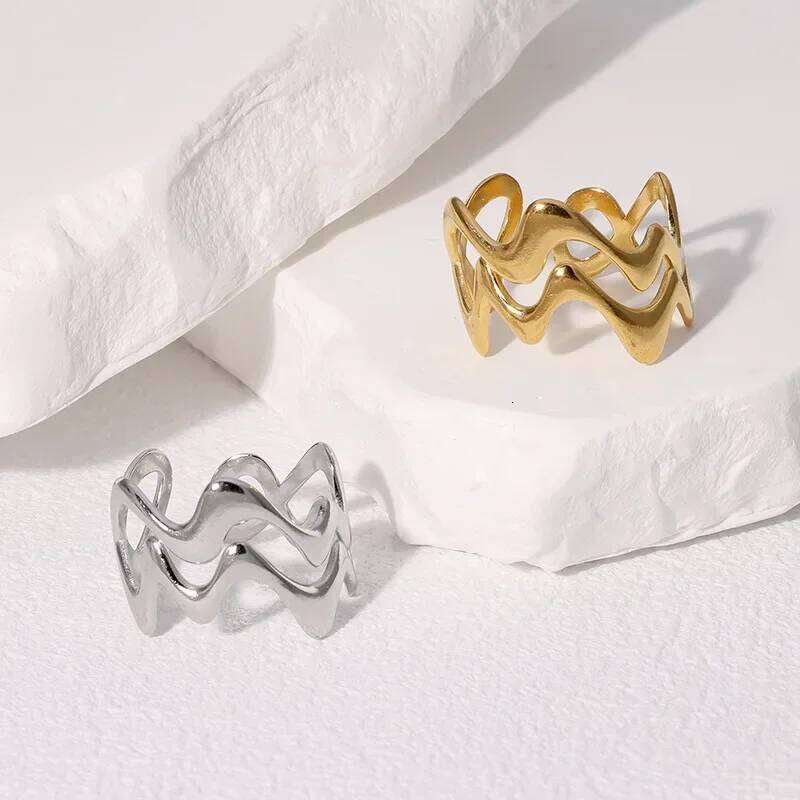 Stainless Steel Irregular Wave Rings for Women Men Creative Gold Color Adjustable Opening Ring Female Statement Jewelry Gifts H260312