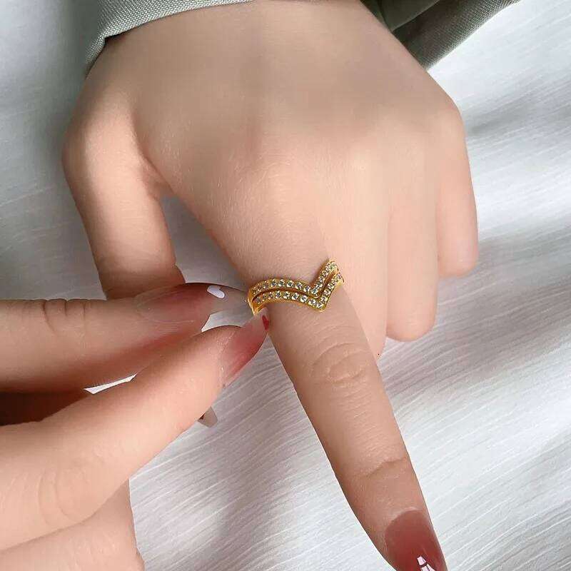 2mm Thin V Shape Pave CZ Stackable Ring Stainless Steel Wedding Band for Women Girl Size 5-10 H260312