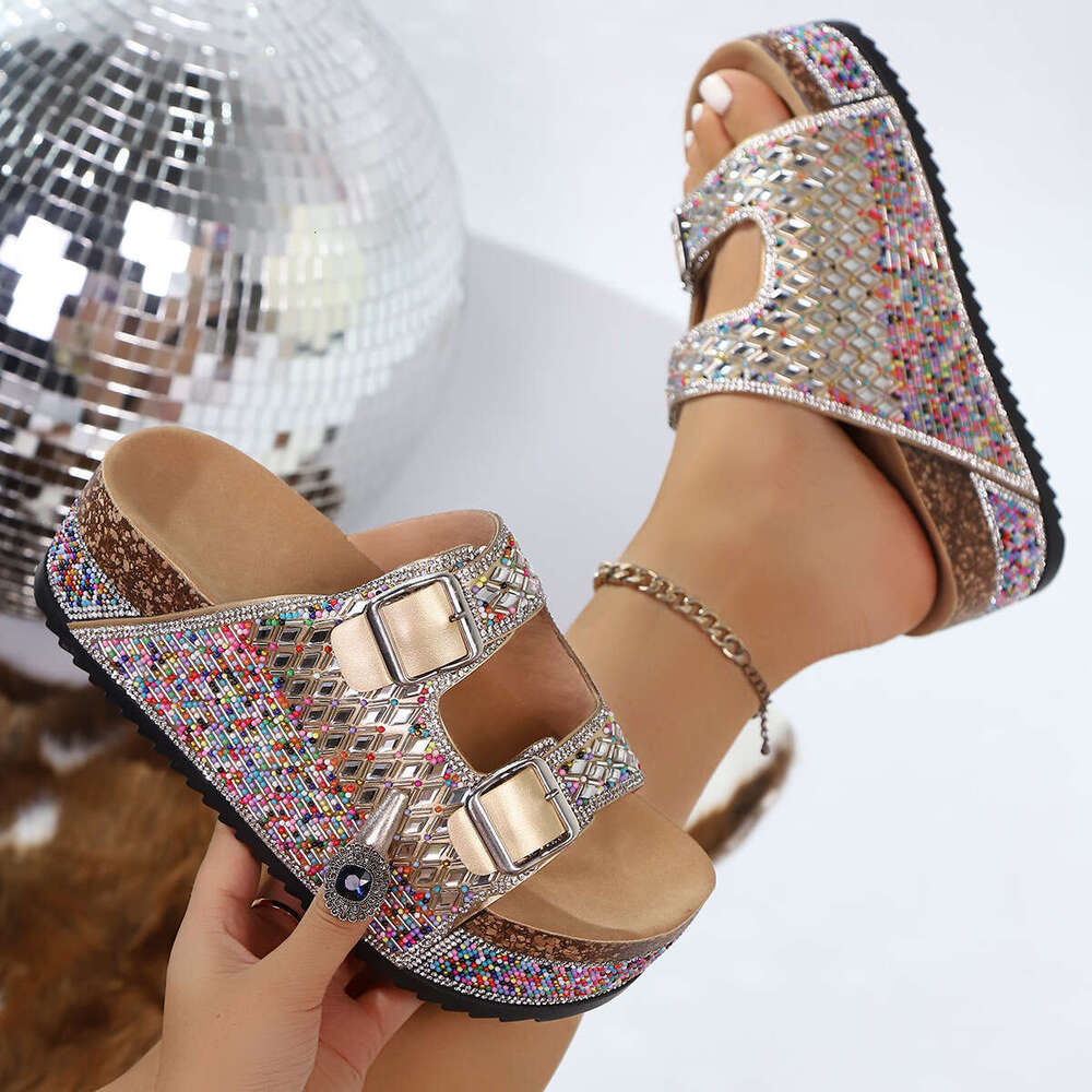 Summer New Rhinestone Beach Sandals for Women 2026, Large Size Double Buckle Cork Thick Sole Slide Sandals