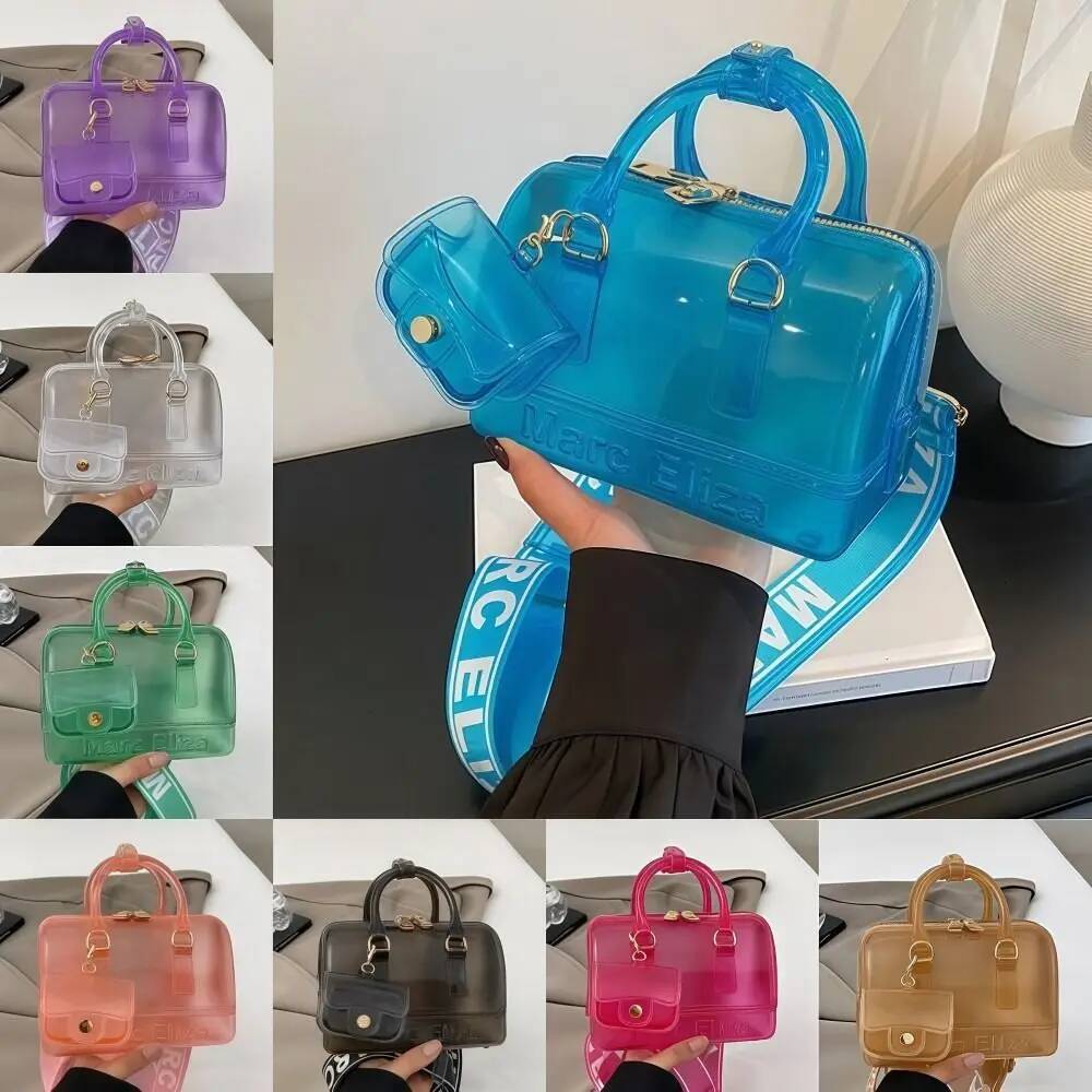 Shell-Shaped Transparent Jelly Elegant Double Handles Solid Handbag with Mini Pendant Summer Color Shoulder Bag