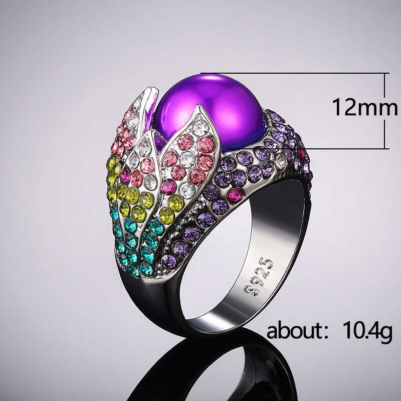 2026 Fashion Luxury Wedding Rings Vintage Purple Pearl Exaggerated Women's Full Diamond Petal Ring Alloy Ring Inlaid
