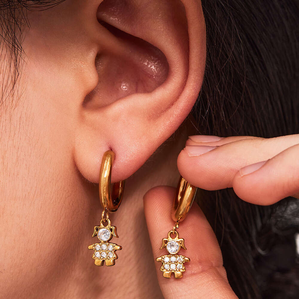 Stainless Steel Zircon Earrings For Little Girls, 18k Gold Plated Small Panda Geometric U-shaped Lava Ear Cuffs