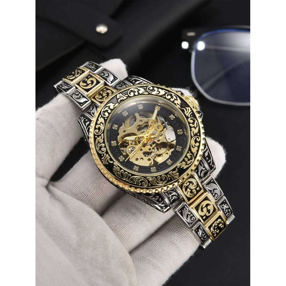 LONGLUX automatic retro luxury mechanical watches alloy carve wholesale waterproof no logo mens watch men gift