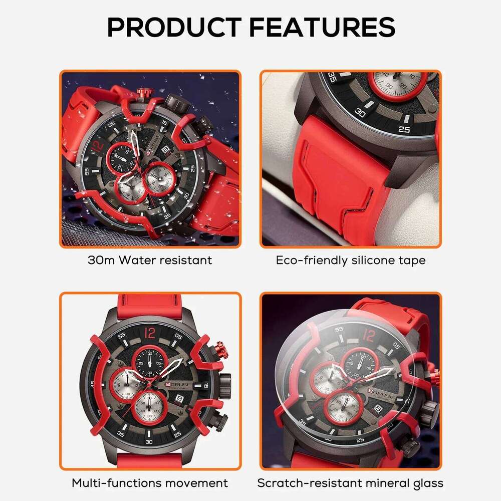 BORUSE 2Pcs/set Business Men's Quartz Watch Necklace Set Round Dial Silicone Red Strap Ideal Gift for Men