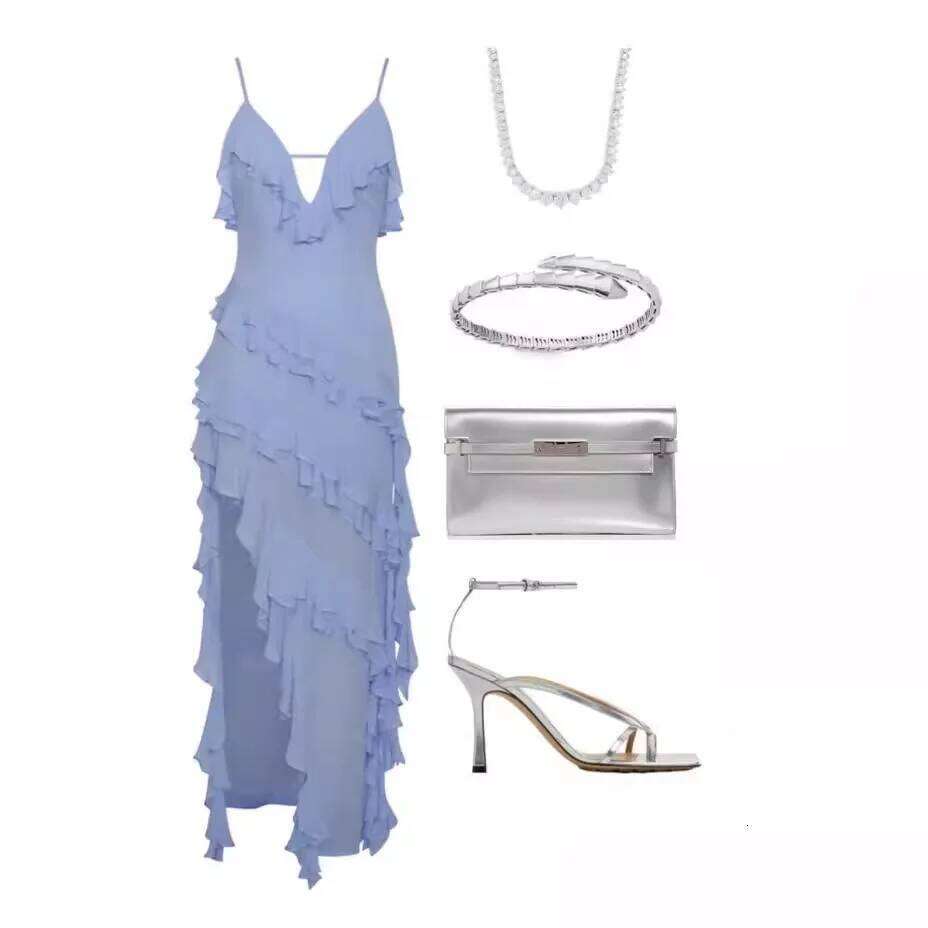 Woman Irregular Tassel Summer Trend Skinny Split Maxi Bodycon Birthday Party Clubwear Vestidos Blue Elegant Women Strap Dresses C260312