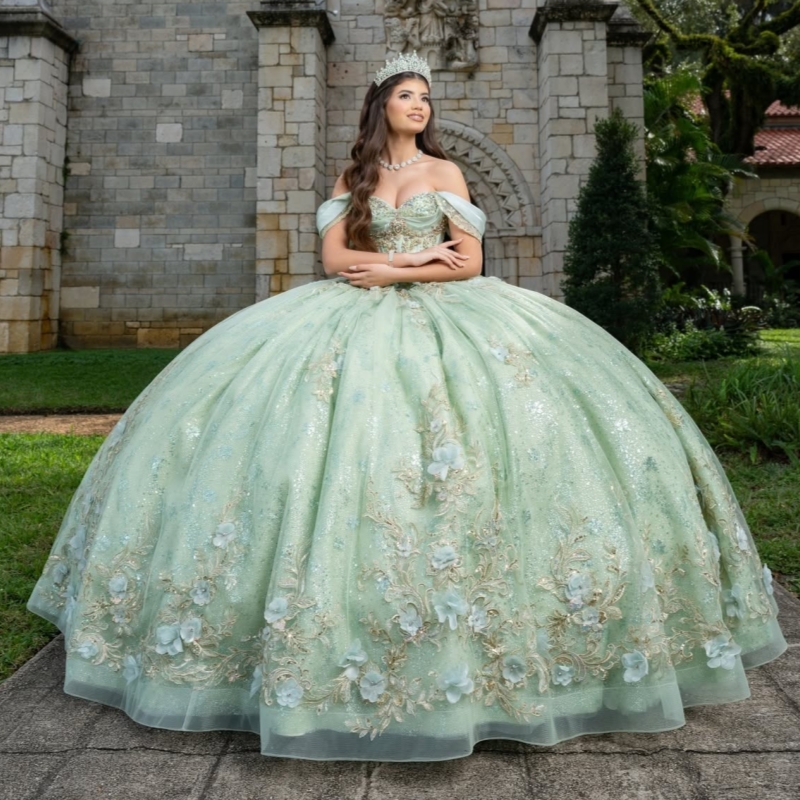 Mint Green Shiny Ball Gown Quinceanera Dresses 2026 Applique Flower Beading Crystal Tull Corset Off Shoulder Sweet 16 Dress Years Vestidos De 15 Anos