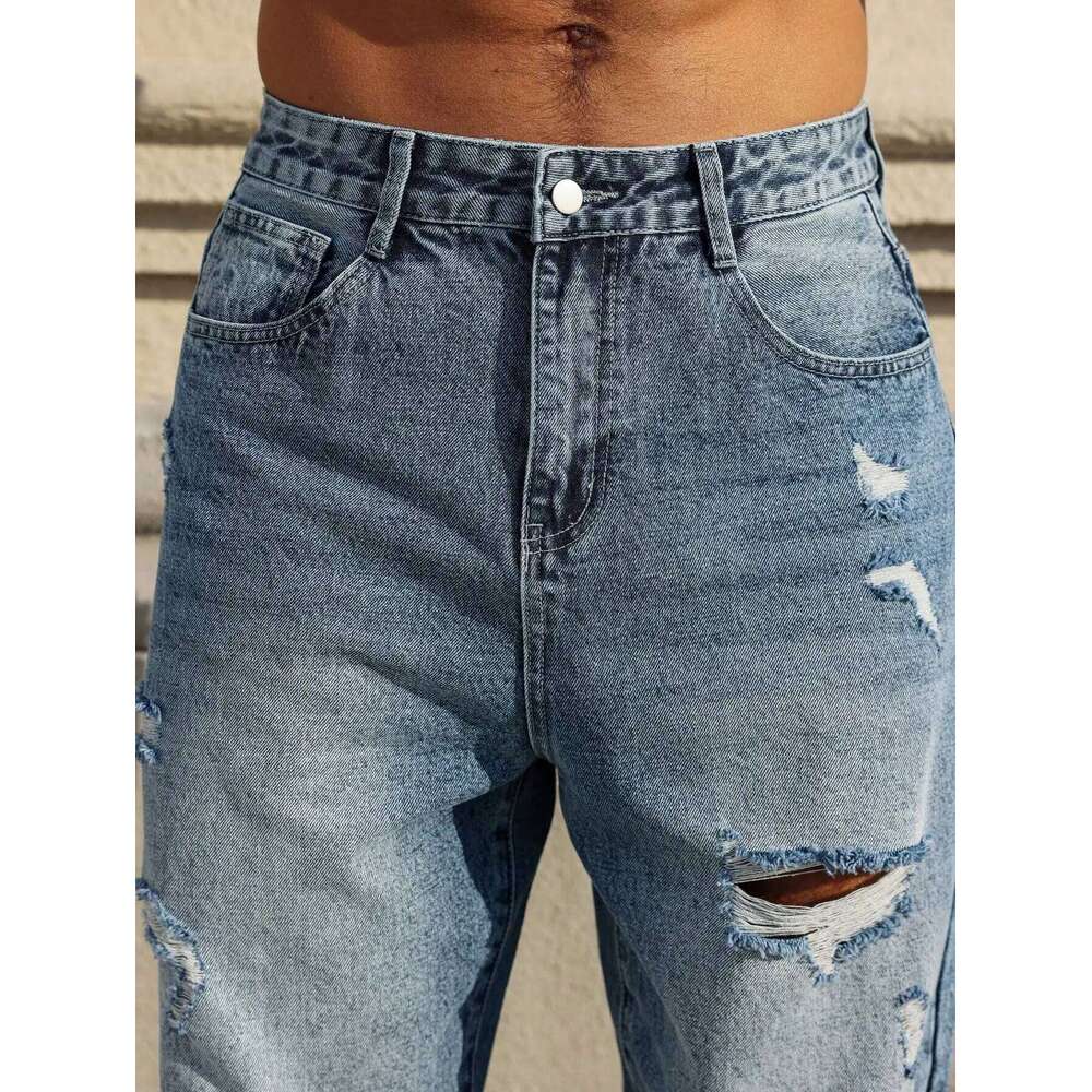 Men's blue ripped jeans, retro distressed beggar pants, street trend loose harem pants