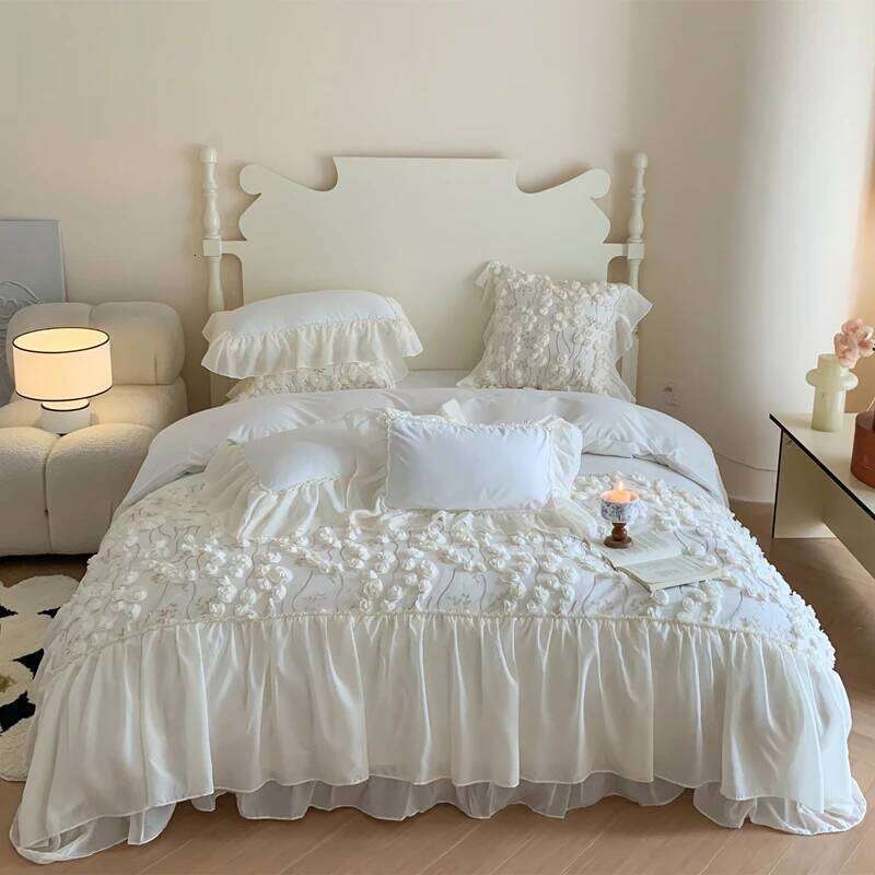4Pcs Korean Princess Style Cotton 100% Bedding Set Three-Dimensional Chiffon Lace Duvet Cover 200x230 220x240 Four Seasons H260312