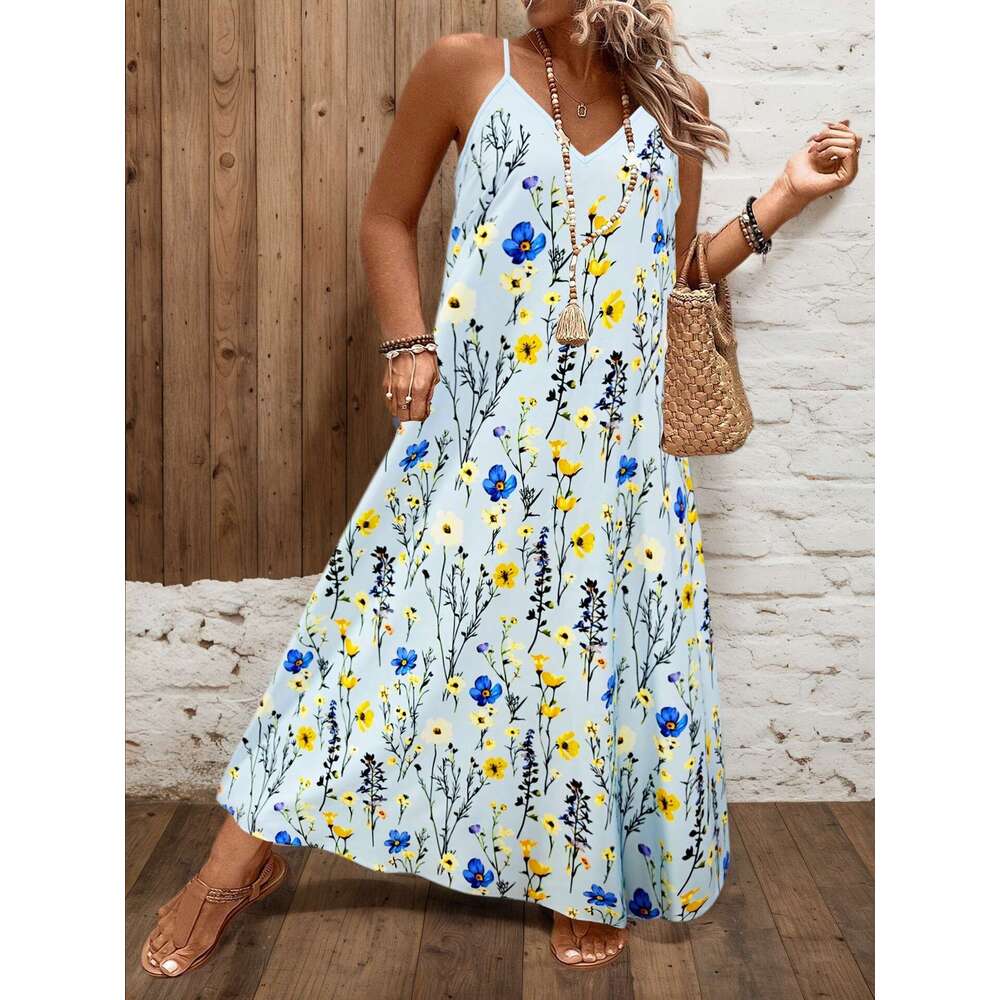 2026 Hot-Selling Summer Fashion Casual Beach European and American Cross-Border V-Neck Strap Printed Dress for Women