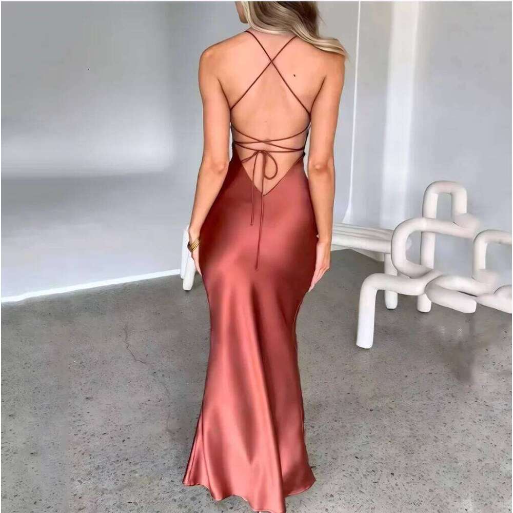 Sexy halter satin dress, a new autumn fashion backless strappy cinched-waist long dress C260312