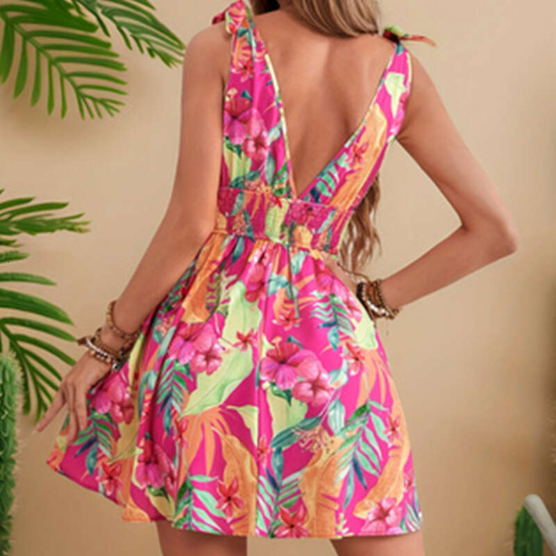 European and American style women's summer floral print, sexy deep V-neck, tie-back, backless short dress, factory-supplied, short-sleeved