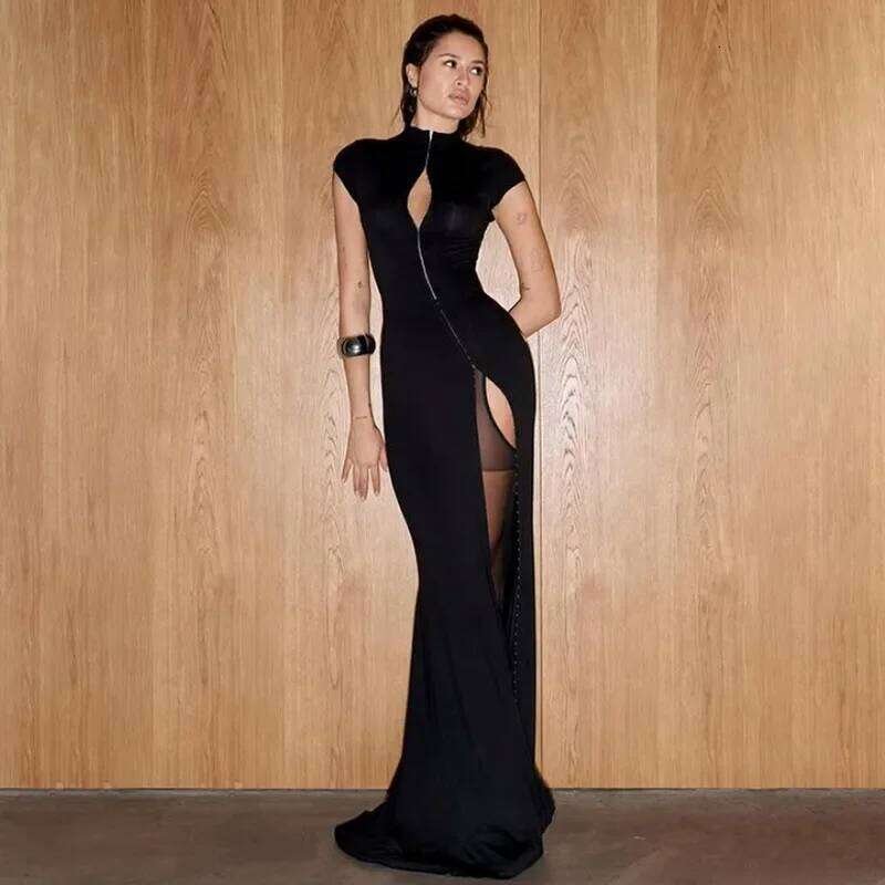 Chic Black Hollow Out Slit Dress Women Fashion Short Sleeve Solid High Neck Slim Fit Maxi Dresses Lady Evening Party Club Robe C260312