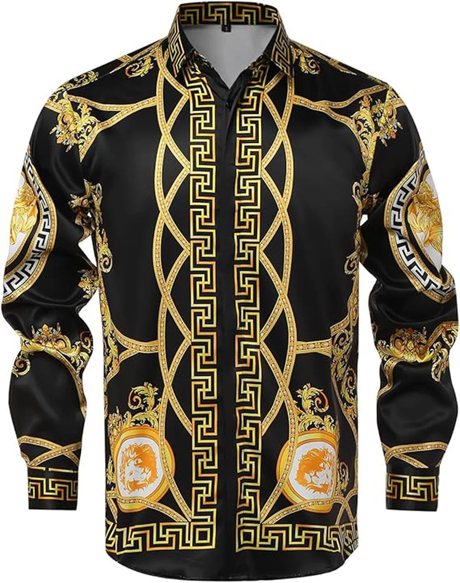 Mens Retro Gold Chain 3D Printed Shirt Hawaiian Casual Vacation Longsleeved Lapel Performance Clothing for Men 260228