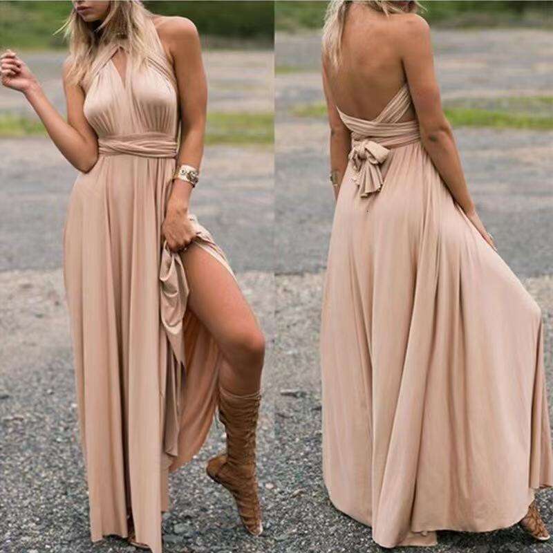 New Cross-Border European And American Style Solid Color Versatile Sexy Tie Red Long Gown Bridesmaid Dress