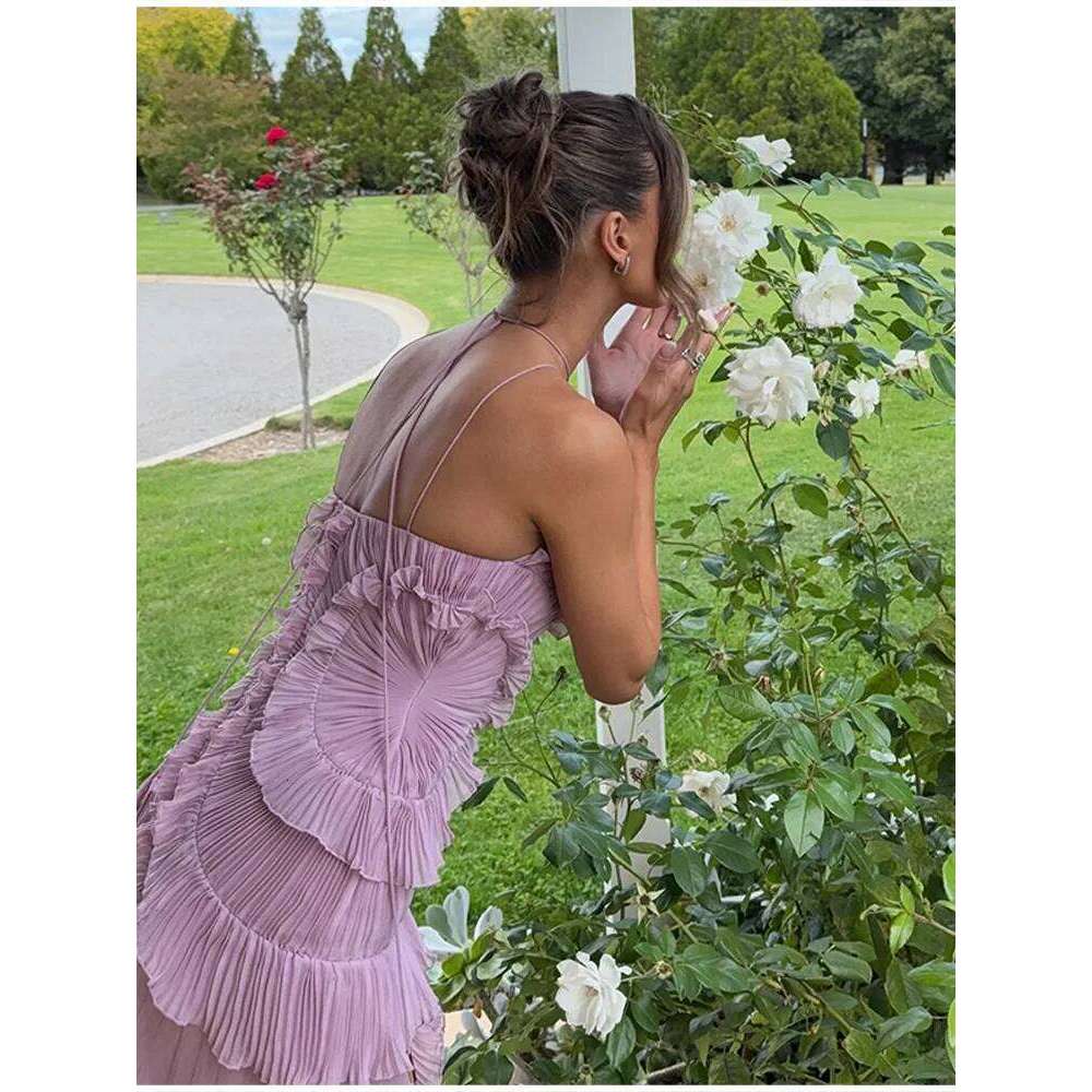 Chic Irregular Chiffon Halter Neck Maxi Dress Lotus Edge High Quality Vacation Gown 2025 New Lady Party Fashion Dresses C260312