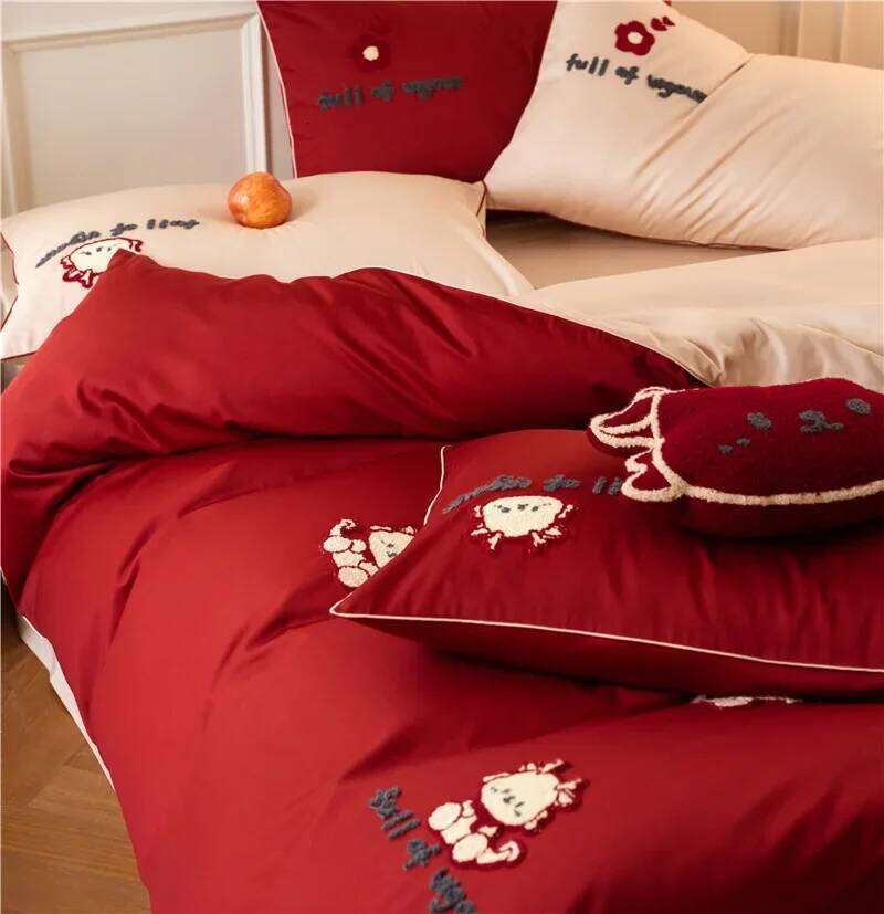 New Year Limited Long-Staple Four-Piece Set Cute Towel Embroidery Cotton Red Quilt Cover H260312