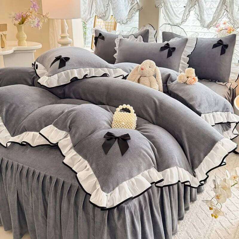 2025 new princess wind milk fleece bed skirt four-piece set autumn and winter Korean lace thickened warm quilt cover H260312