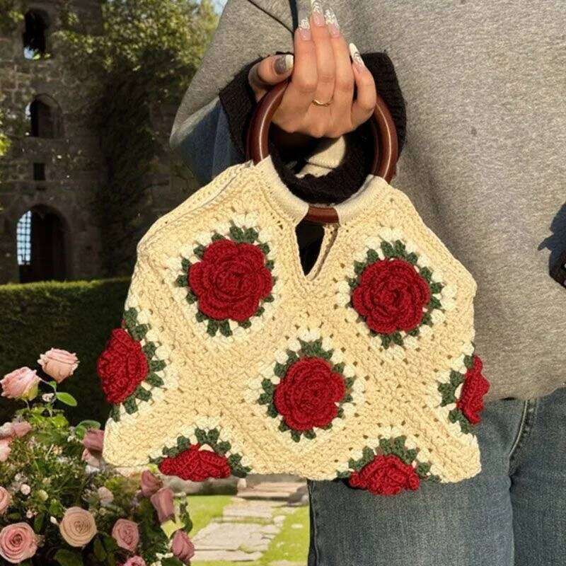 Rose Fashion Women's Crochet Handmade Flower Tote Bag Lady Exquisite Small Handbag WONST