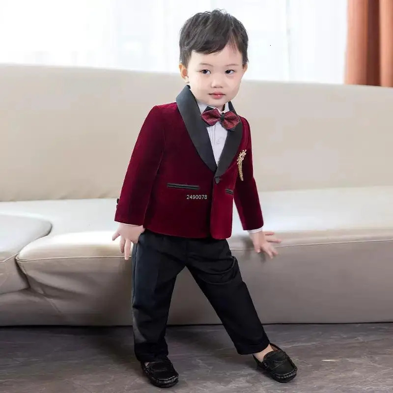Kids 1 Year Birthday Dress Baby Boys Velvet Blazer Jacket Pants Pograph Suit Children Formal Wedding Performance Evening Wear 260311