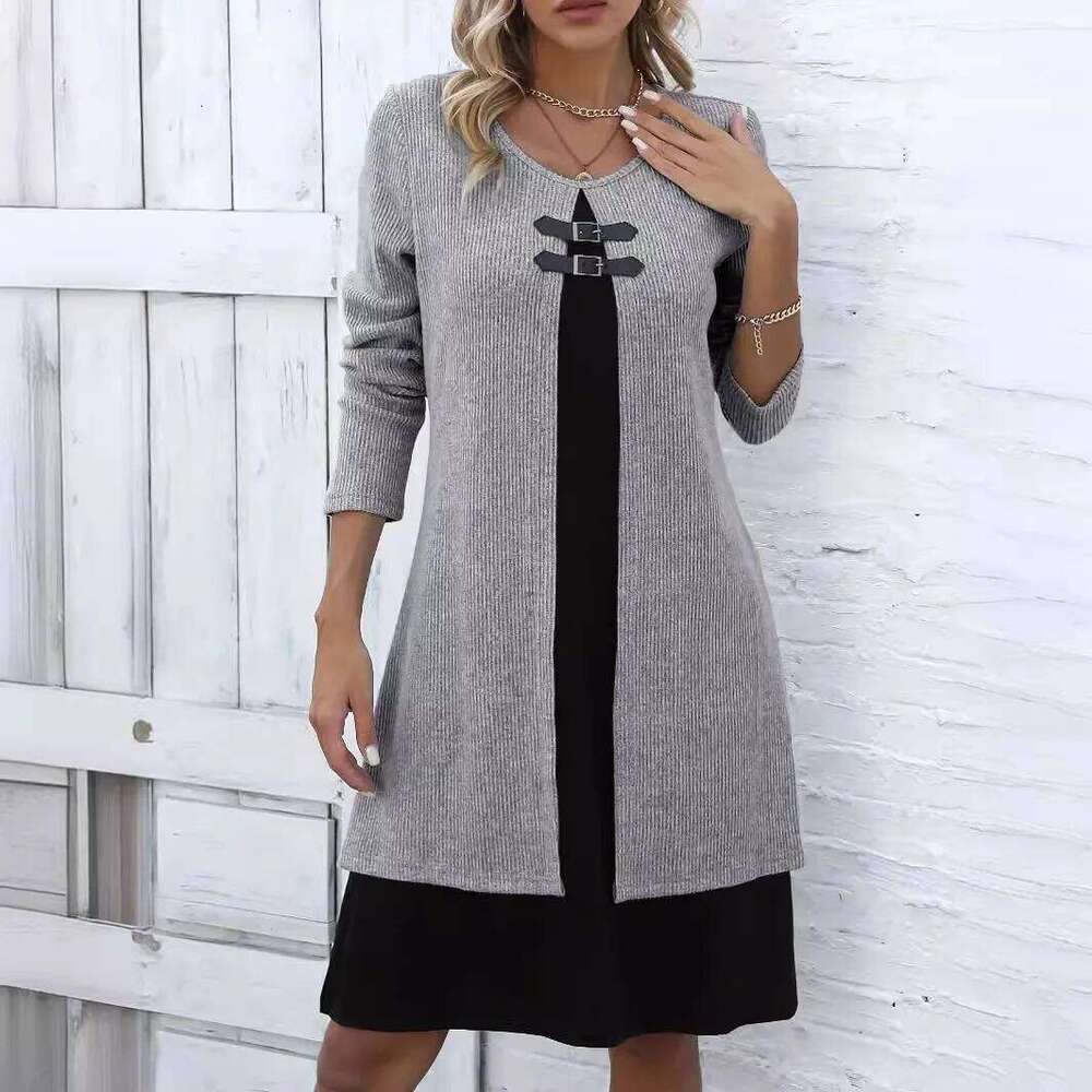 Spring Autumn Women's New Solid Sleeved Round Neck Elegant Splicing Knitted Long Casual Comfortable Dress For Women C260312