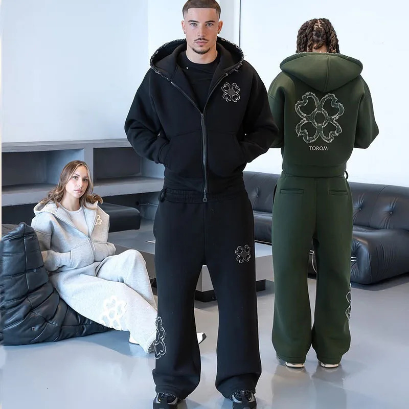 Olive Green Embroidered Zip Hoodie Pants Set Men Streetwear Trendy Loose Casual 2-Piece Tracksuit Fashion 260311
