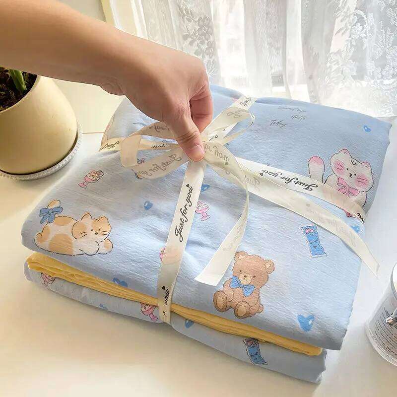 Ins Cute Blue Cat Bedding Sets 2025 New Soft Bed Sheet For Girls Washed Cotton Dormitory Quilt Set No Filling H260312