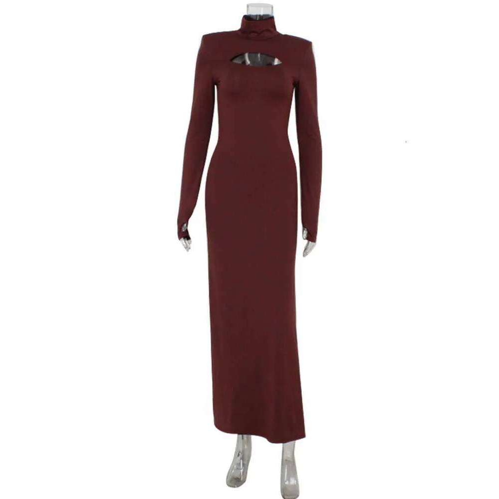 Ahagaga Sexy Sheath Women's Maxi Dresses Solid Turtleneck Regular Long Sleeves Hollow Out Slim Fit Bodycon Party Vestidos Robes C260312