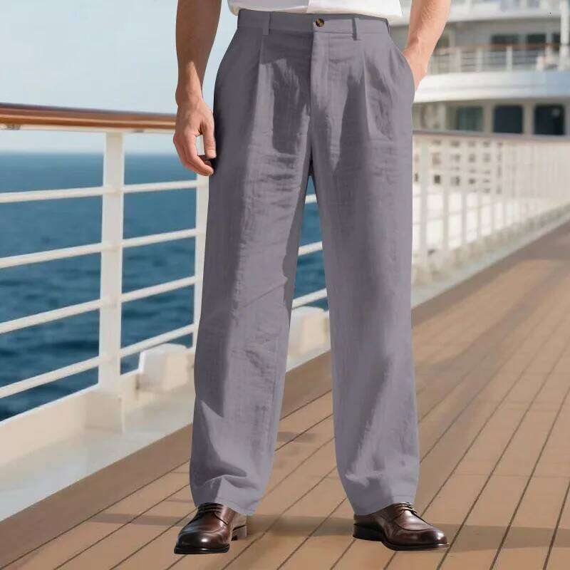 Amazon European and American men's linen solid color casual suit pants new fashion beach wide-leg trousers