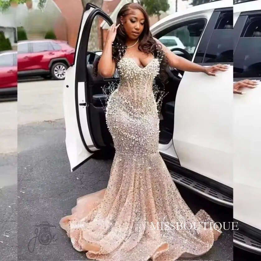 Luxury Pearl Prom Dresses For Black Girl 2026 Sequin Mermaid Birthday Party Customized African Evening Gowns D21 B0312