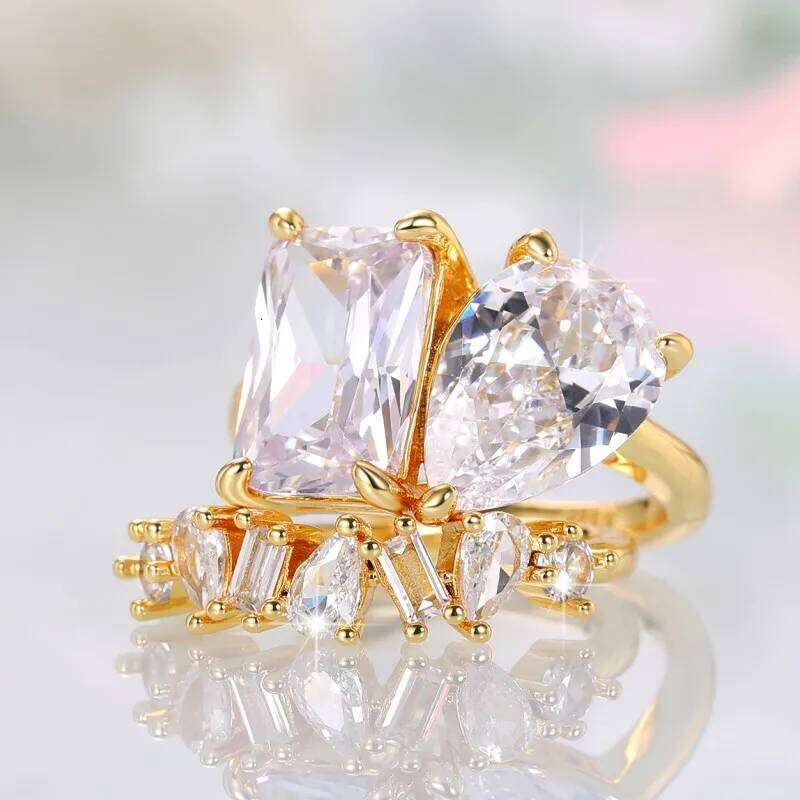Huitan Waterdrop Rectangle Cubic Zircon Set Rings for Women Gold Color 2023 New Wedding Party Accessories Fashion Female Jewelry H260312