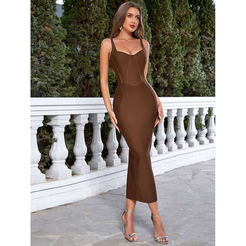 Dark Brown Long Strap Sleeveless Bodycon Bandage Sexy Fashion Women's Summer Celebrity Evening Party Dress Vestidos C260312