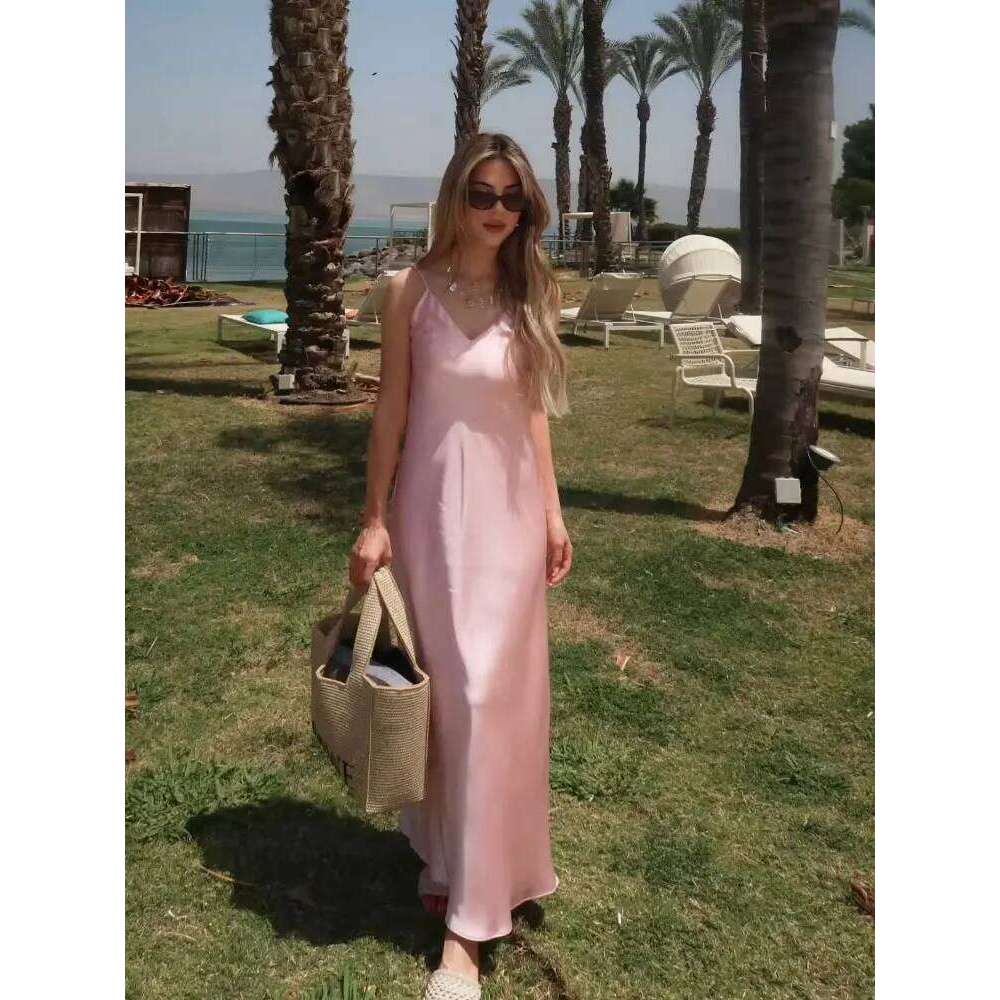 HH Women Summer Yellow Stain V Neck Sling Dress Elegant Sleeveless Loose Maxi Robes 2025 New Ladies Party Holiday Dresses C260312