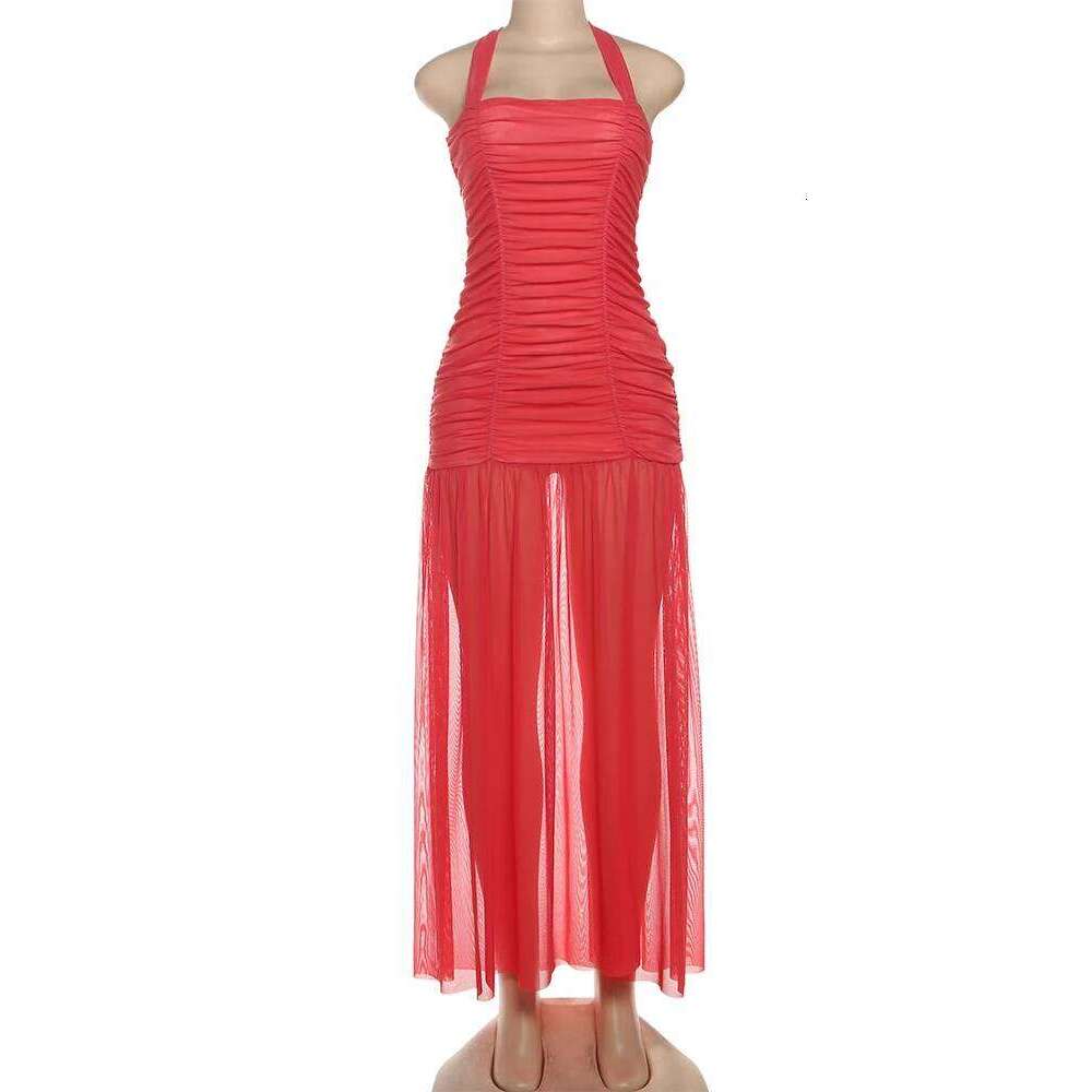 Nibber See Through Hem Dress Women Ruched Halter Summer Trend Sleeveless Backless Patchwork Midnight Clubwear Party Maxi Bodycon C260312