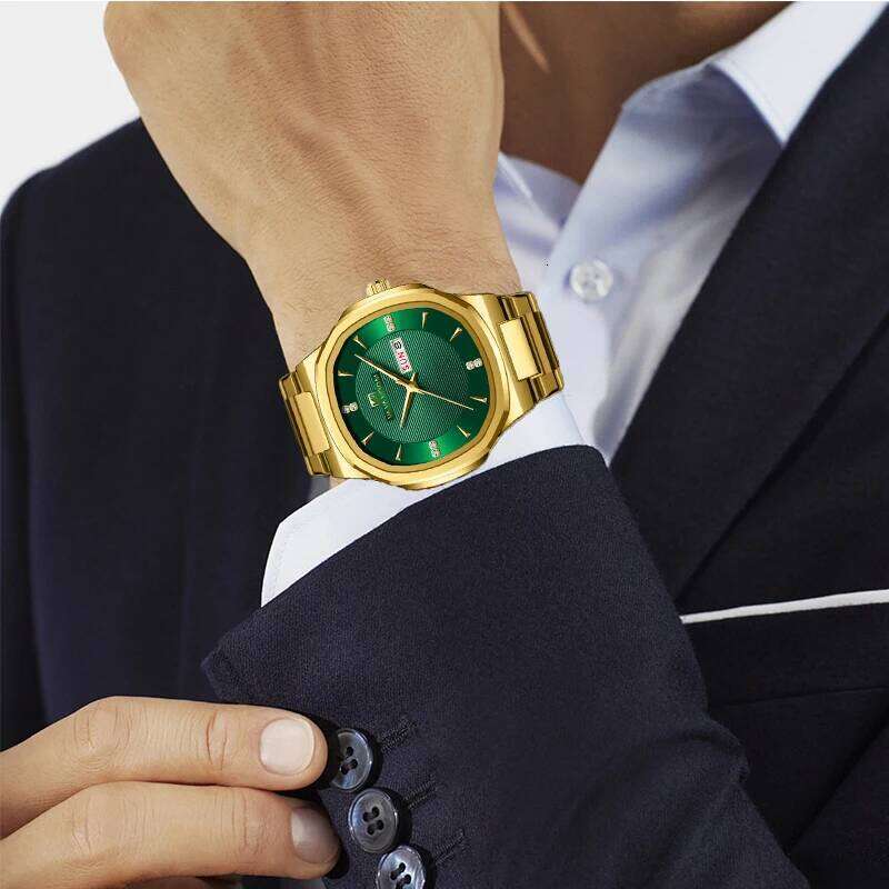 Luxury Men watch Fashionable Rhinestone Stainless Steel Strap Green Gold Business Style Top Brand Original 3Bar Waterproof Watch