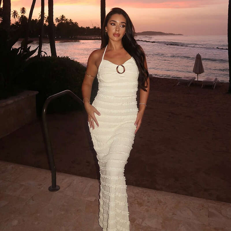 European American style 2025 summer new fashion sweet and elegant wave-patterned lace-up halter neck dress for women