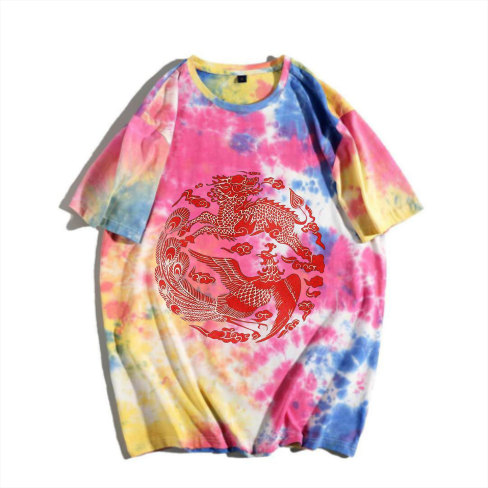 China-Chic New Chinese Kirin Phoenix Tie Dyed Short Sleeve T-shirt Rainbow Gradual Change Auspicious Beast Print Men's Summer Versatile Top