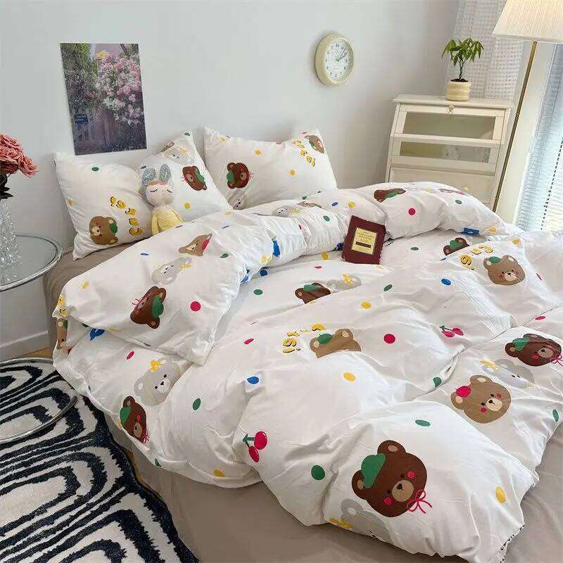 Wrinkled Yarn Washed Cotton Pastoral Four-piece Set Double Cartoon Style Bed Single Quilt Cover Dormitory Three-piece H260312