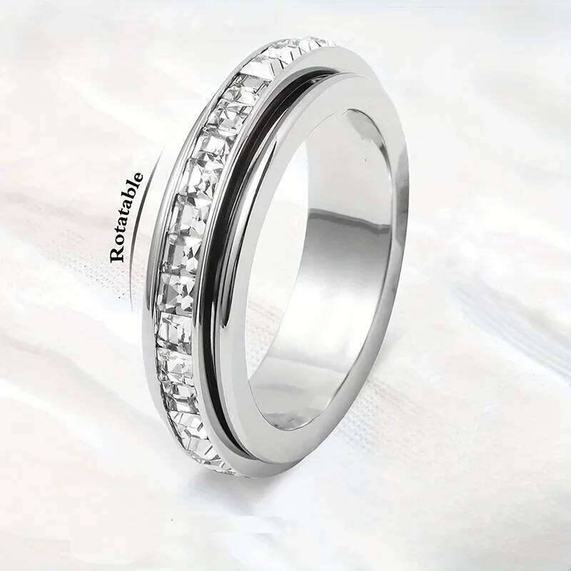 Elegant band ring made of stainless steel, set with shiny zircon, rotatable design, pressure relief H260312