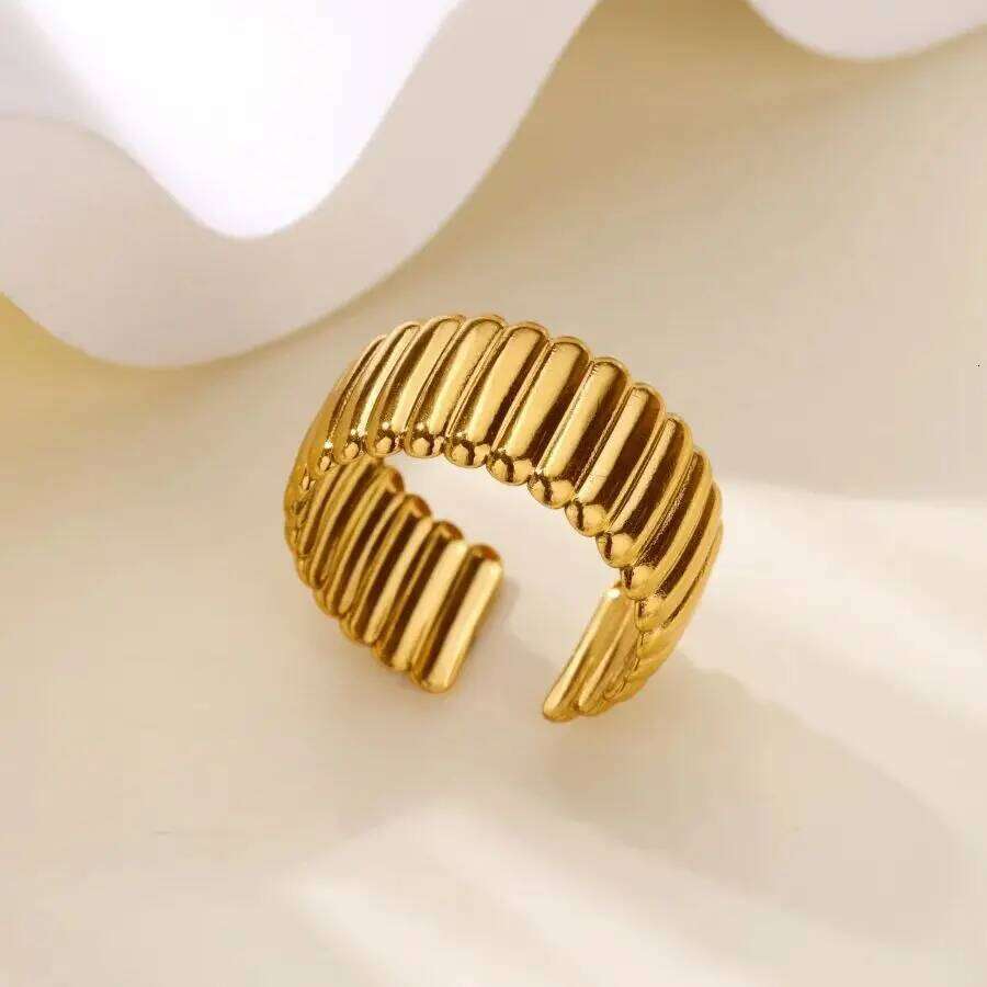 Stainless Steel Layered Rings for Women Open Adjustable Gold Color Geometric Textured Ring Aesthetic Wedding Waterproof Jewelry H260312
