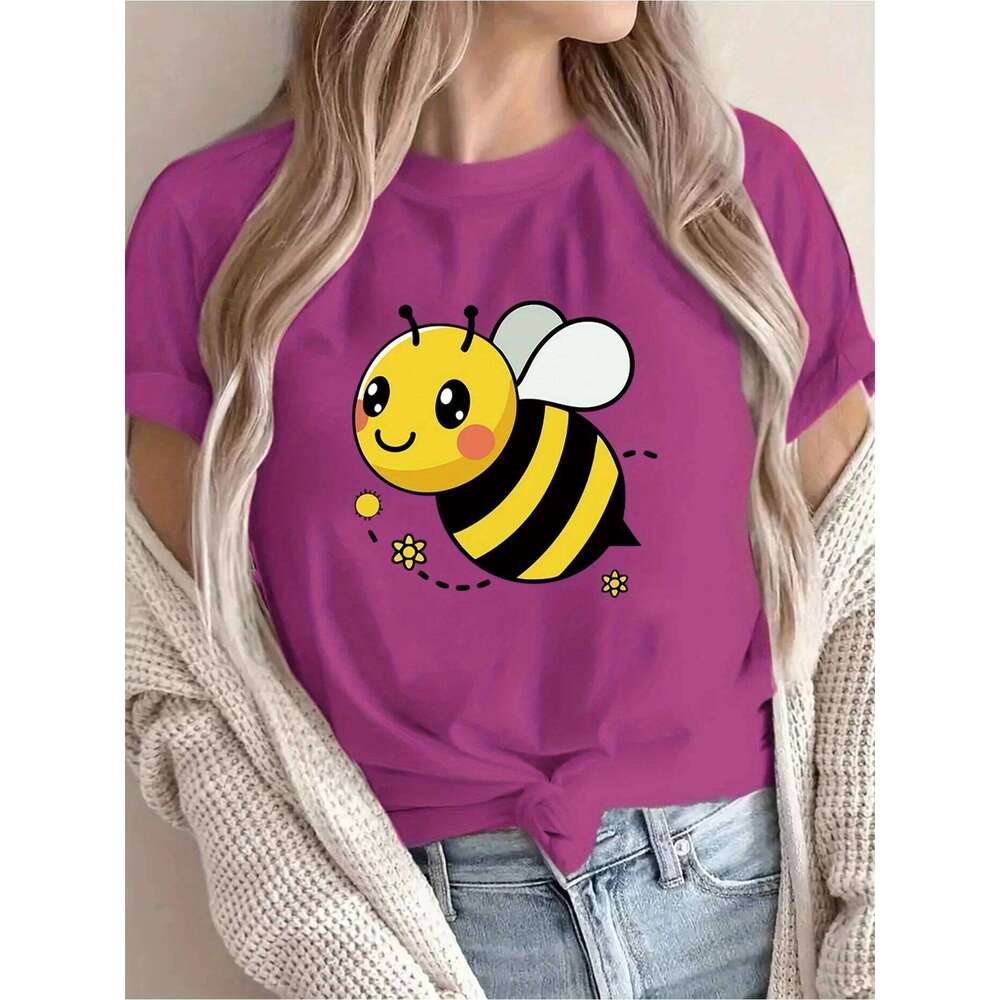 Women's Casual Short Sleeve T-Shirt Cute Cartoon Bee & Floral Print Breathable Round Neck Tee for Spring/Summer Z260312