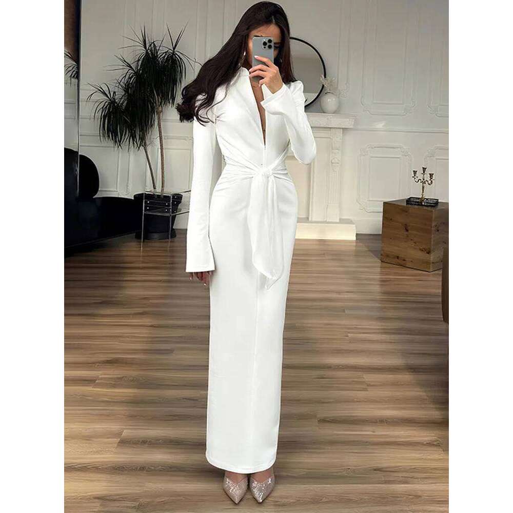 Trendix Lace Up Elegant Evening Female 2025 Autumn Sexy Deep V Neck Sleeve Maxi Dresses Party Slim Commute Long Dress C260312