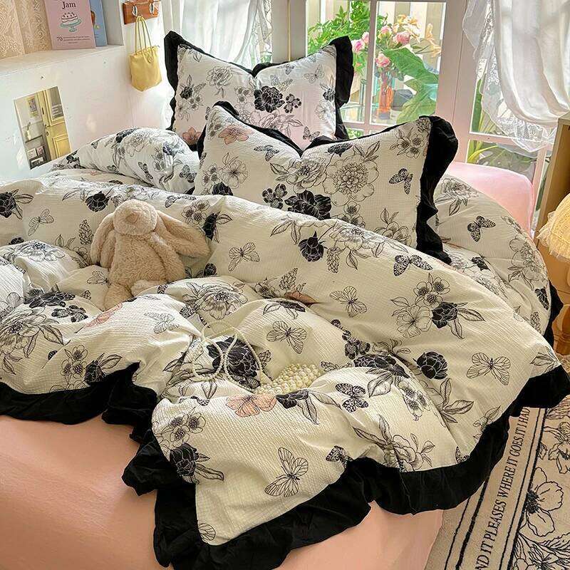 2025 New French Lace Wash Quilt Cover Korean-style Romantic Herben-style Black Print Four-piece Skin Friendly Bedding Set H260312