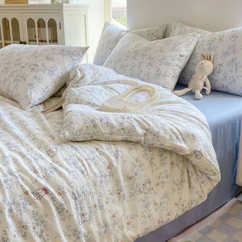 Cute Cartoon Rabbit Bedding Simple Duvet Cover Linen Bed Sheets Set Pillowcase Single Twin Double Queen Size Home Decor H260312